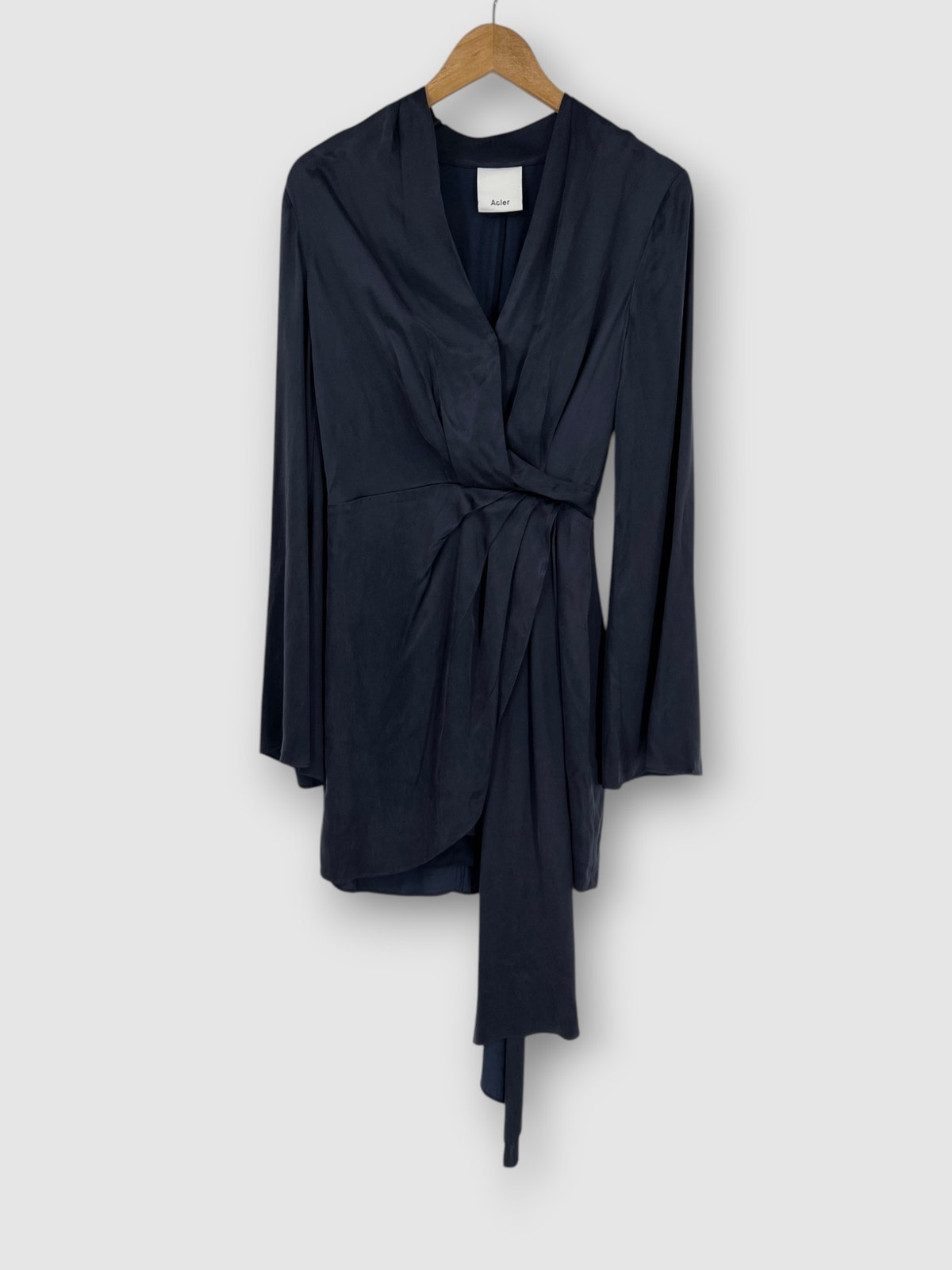 Acler Navy Satin Mini Dress Deep V-Neck Long Bell Sleeves Faux Wrap Front Size 4